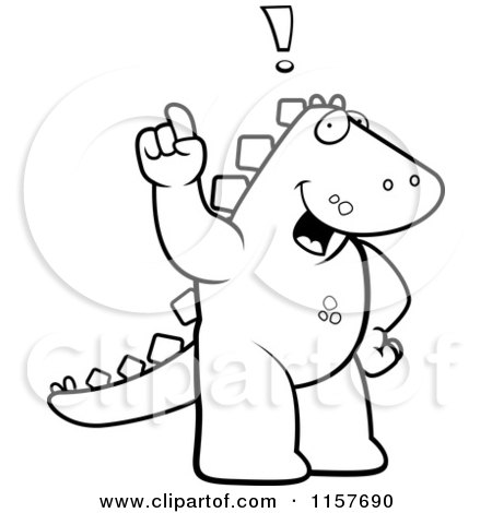 Cartoon Clipart Of A Black And White Big Dinosaur Standing on His Hind Legs, Holding His Finger up with an Idea - Vector Outlined Coloring Page by Cory Thoman