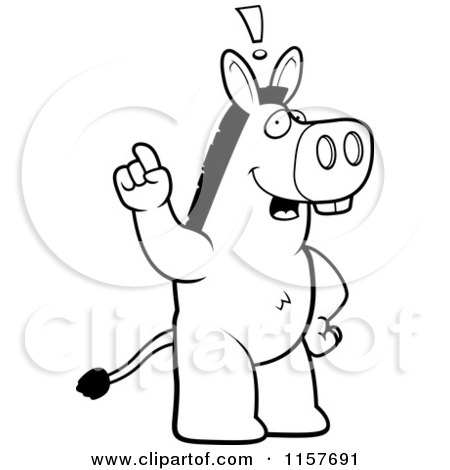 Cartoon Clipart Of A Black And White Big Donkey Standing on His Hind Legs, Holding His Finger up with an Idea - Vector Outlined Coloring Page by Cory Thoman