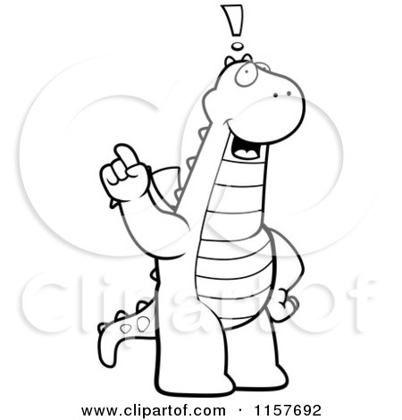 Cartoon Clipart Of A Black And White Big Dragon Standing Upright, with an Idea - Vector Outlined Coloring Page by Cory Thoman