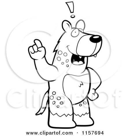Cartoon Clipart Of A Black And White Big Hyena Standing on His Hind Legs, Holding His Finger up with an Idea - Vector Outlined Coloring Page by Cory Thoman
