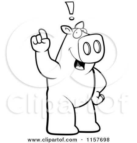 Cartoon Clipart Of A Black And White Big Pig Standing on His Hind Legs, Holding His Finger up with an Idea - Vector Outlined Coloring Page by Cory Thoman