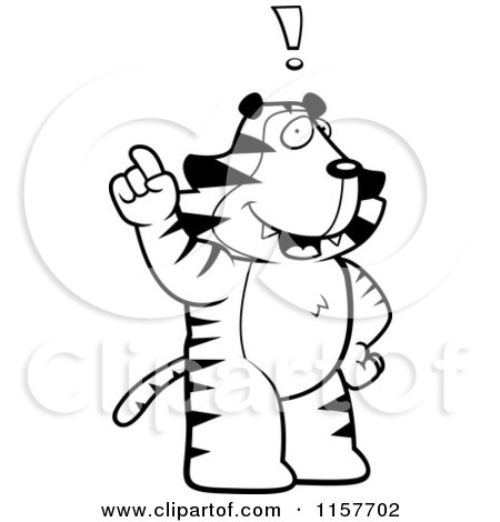 Cartoon Clipart Of A Black And White Big Tiger Standing Upright, with an Idea - Vector Outlined Coloring Page by Cory Thoman