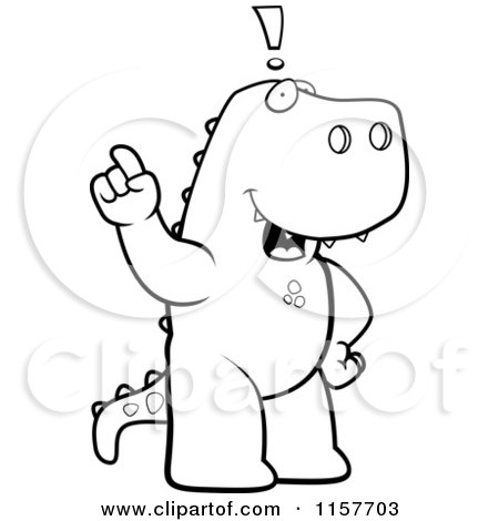 Cartoon Clipart Of A Black And White Big Tyrannosaurus Rex Standing on His Hind Legs, Holding His Finger up with an Idea - Vector Outlined Coloring Page by Cory Thoman