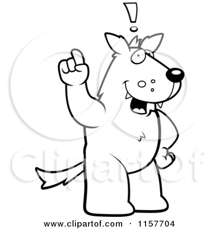Cartoon Clipart Of A Black And White Big Wolf Standing on His Hind Legs, Holding His Finger up with an Idea - Vector Outlined Coloring Page by Cory Thoman