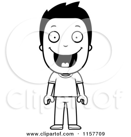 Cartoon Clipart Of A Black And White Happy Boy - Vector Outlined Coloring Page by Cory Thoman