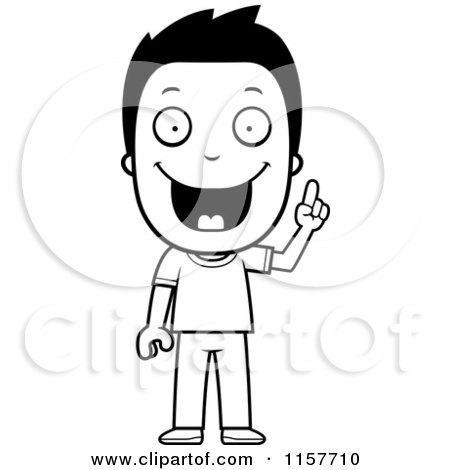 Cartoon Clipart Of A Black And White Happy Boy with an Idea - Vector Outlined Coloring Page by Cory Thoman