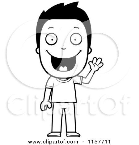 Cartoon Clipart Of A Black And White Happy Boy Waving - Vector Outlined Coloring Page by Cory Thoman