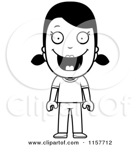 Cartoon Clipart Of A Black And White Happy Girl - Vector Outlined Coloring Page by Cory Thoman