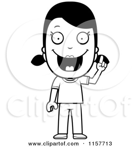 Cartoon Clipart Of A Black And White Happy Girl with an Idea - Vector Outlined Coloring Page by Cory Thoman
