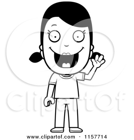 Cartoon Clipart Of A Black And White Happy Girl Waving - Vector Outlined Coloring Page by Cory Thoman
