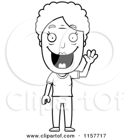 Cartoon Clipart Of A Black And White Happy Granny Waving - Vector Outlined Coloring Page by Cory Thoman