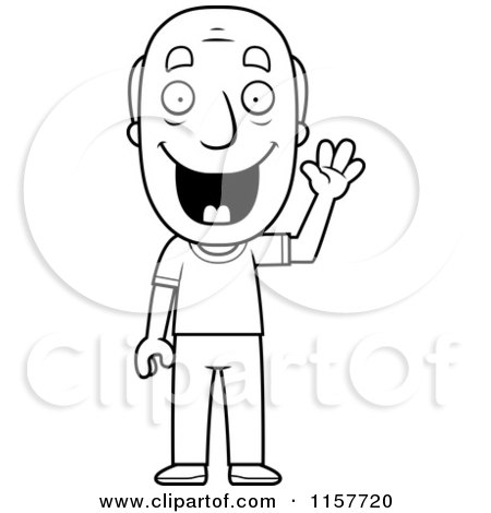 Cartoon Clipart Of A Black And White Happy Grandpa Waving - Vector Outlined Coloring Page by Cory Thoman