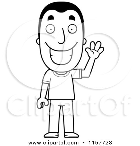 Cartoon Clipart Of A Black And White Happy Man Waving - Vector Outlined Coloring Page by Cory Thoman