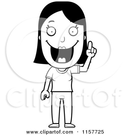 Cartoon Clipart Of A Black And White Happy Woman with an Idea - Vector Outlined Coloring Page by Cory Thoman