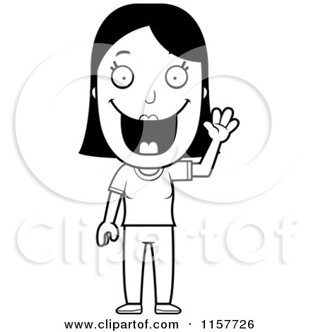 Cartoon Clipart Of A Black And White Happy Woman Waving - Vector Outlined Coloring Page by Cory Thoman