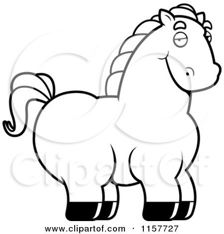 Cartoon Clipart Of A Black And White Chubby Horse - Vector Outlined Coloring Page by Cory Thoman