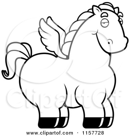 Cartoon Clipart Of A Black And White Chubby Pegasus - Vector Outlined Coloring Page by Cory Thoman