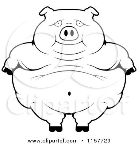 Cartoon Clipart Of A Black And White Obese Pig Standing - Vector Outlined Coloring Page by Cory Thoman