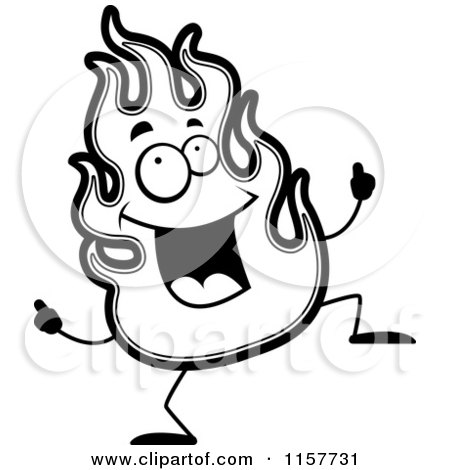 Cartoon Clipart Of A Black And White Happy Dancing Flame - Vector Outlined Coloring Page by Cory Thoman