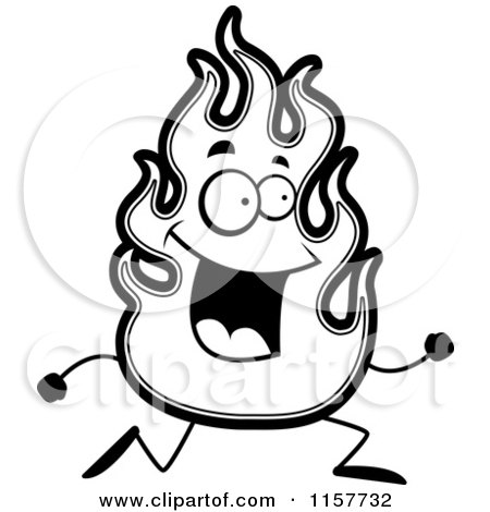 Cartoon Clipart Of A Black And White Happy Flame Running - Vector Outlined Coloring Page by Cory Thoman