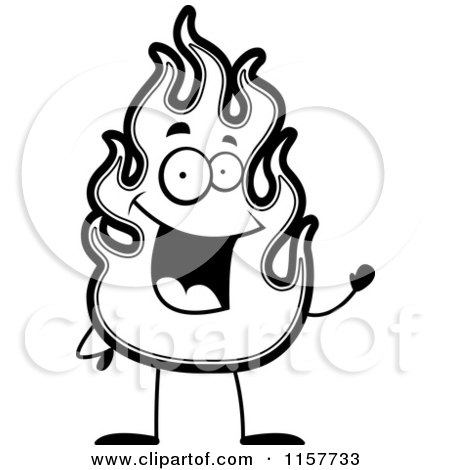 Cartoon Clipart Of A Black And White Happy Flame Waving - Vector Outlined Coloring Page by Cory Thoman