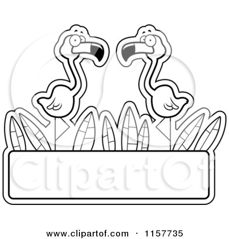 Cartoon Clipart Of Black And White Flamingos over a Blank Sign - Vector Outlined Coloring Page by Cory Thoman