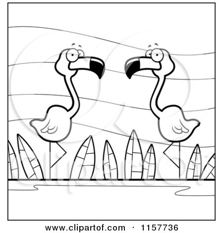 Cartoon Clipart Of A Black And White Flamingo Pair Wading in a Pond - Vector Outlined Coloring Page by Cory Thoman