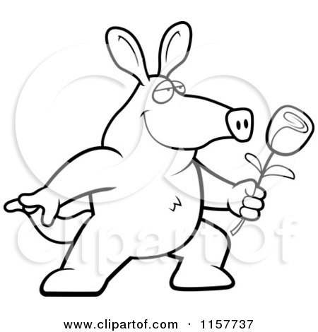 Cartoon Clipart Of A Black And White Romantic Aardvark Presenting a Rose for His Love - Vector Outlined Coloring Page by Cory Thoman