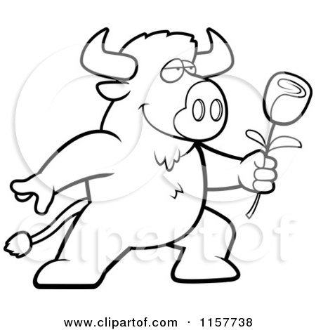 Cartoon Clipart Of A Black And White Romantic Buffalo Presenting a Rose - Vector Outlined Coloring Page by Cory Thoman