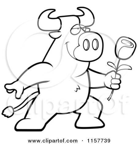 Cartoon Clipart Of A Black And White Romantic Bull Presenting a Rose for His Love - Vector Outlined Coloring Page by Cory Thoman