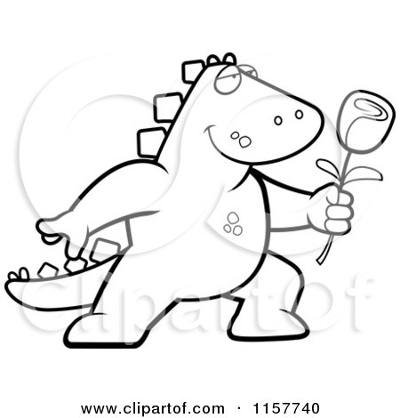 Cartoon Clipart Of A Black And White Romantic Dinosaur Presenting a Rose - Vector Outlined Coloring Page by Cory Thoman