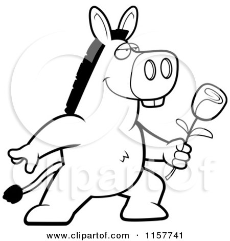 Cartoon Clipart Of A Black And White Romantic Donkey Presenting a Rose - Vector Outlined Coloring Page by Cory Thoman