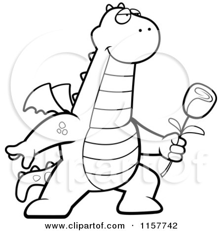 Cartoon Clipart Of A Black And White Romantic Dragon Presenting a Rose for His Love - Vector Outlined Coloring Page by Cory Thoman