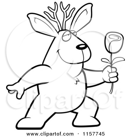 Cartoon Clipart Of A Black And White Romantic Jackalope Presenting a Rose - Vector Outlined Coloring Page by Cory Thoman