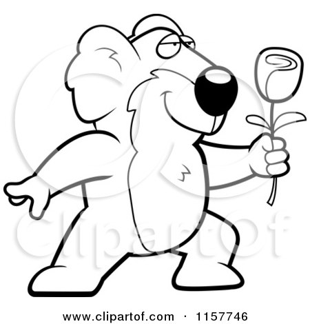 Cartoon Clipart Of A Black And White Romantic Koala Presenting a Rose - Vector Outlined Coloring Page by Cory Thoman