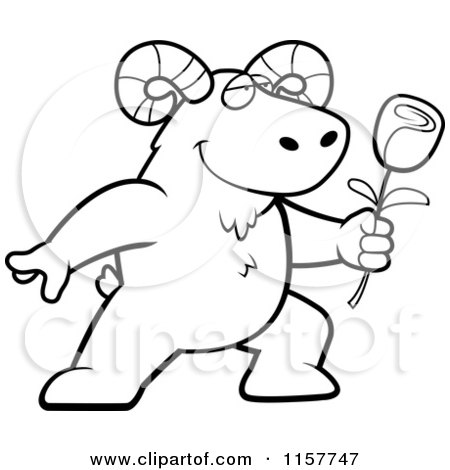 Cartoon Clipart Of A Black And White Romantic Ram Presenting a Rose - Vector Outlined Coloring Page by Cory Thoman