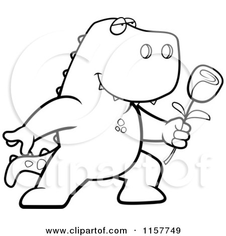 Cartoon Clipart Of A Black And White Romantic Tyrannosaurus Rex Presenting a Rose - Vector Outlined Coloring Page by Cory Thoman