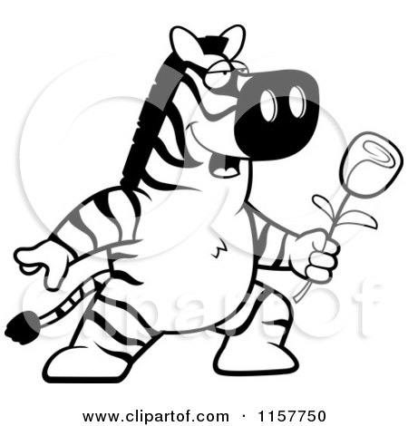 Cartoon Clipart Of A Black And White A Romantic Zebra Giving a Rose - Vector Outlined Coloring Page by Cory Thoman