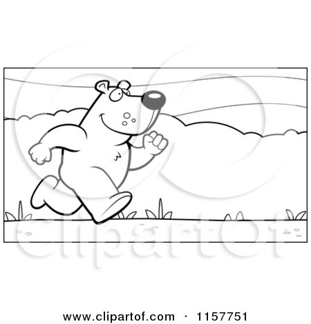Cartoon Clipart Of A Black And White Bear Running Upright Through a Grassy Landscape - Vector Outlined Coloring Page by Cory Thoman