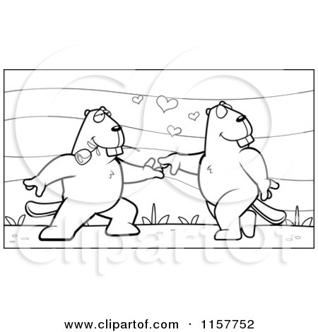 Cartoon Clipart Of A Black And White Beaver Couple Dancing Outdoors - Vector Outlined Coloring Page by Cory Thoman