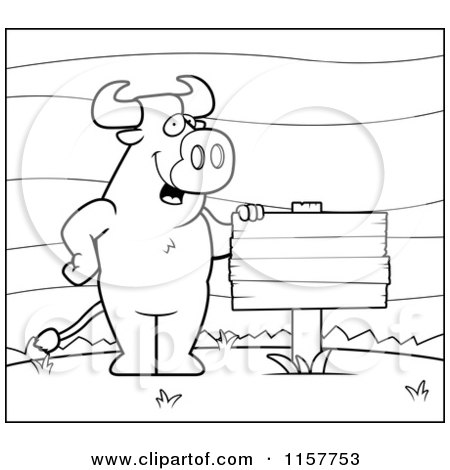 Cartoon Clipart Of A Black And White Bull Standing Upright Beside a Blank Sign Outdoors - Vector Outlined Coloring Page by Cory Thoman