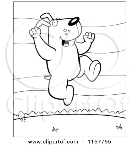 Cartoon Clipart Of A Black And White Happy Dog Jumping Outdoors - Vector Outlined Coloring Page by Cory Thoman