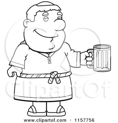 Cartoon Clipart Of A Black And White Friar Man Holding a Beer Mug - Vector Outlined Coloring Page by Cory Thoman