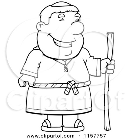 Cartoon Clipart Of A Black And White Happy Friar Holding a Staff - Vector Outlined Coloring Page by Cory Thoman
