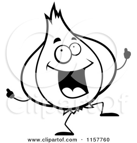 Cartoon Clipart Of A Black And White Garlic Dancing - Vector Outlined Coloring Page by Cory Thoman