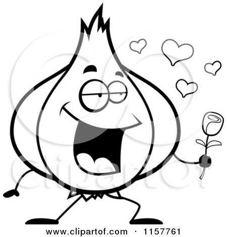 Cartoon Clipart Of A Black And White Garlic Holding a Rose - Vector Outlined Coloring Page by Cory Thoman