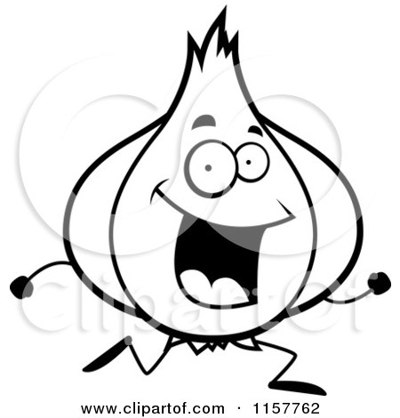 Cartoon Clipart Of A Black And White Garlic Running - Vector Outlined Coloring Page by Cory Thoman