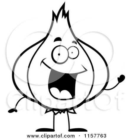 Cartoon Clipart Of A Black And White Garlic Waving - Vector Outlined Coloring Page by Cory Thoman