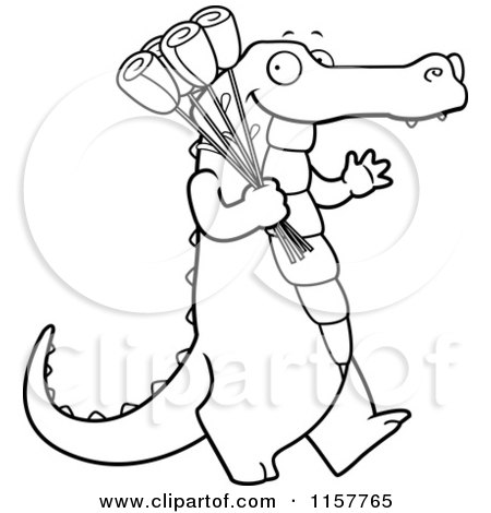 Cartoon Clipart Of A Black And White Alligator Carrying Roses - Vector Outlined Coloring Page by Cory Thoman