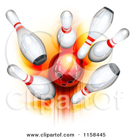 Clipart of a 3d Red Bowling Ball Crashing into Glossy Pins - Royalty Free Vector Illustration by Oligo